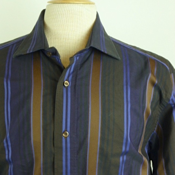 ETRO ITALY BLACK BLUE BROWN STRIPE Shirt 42 L